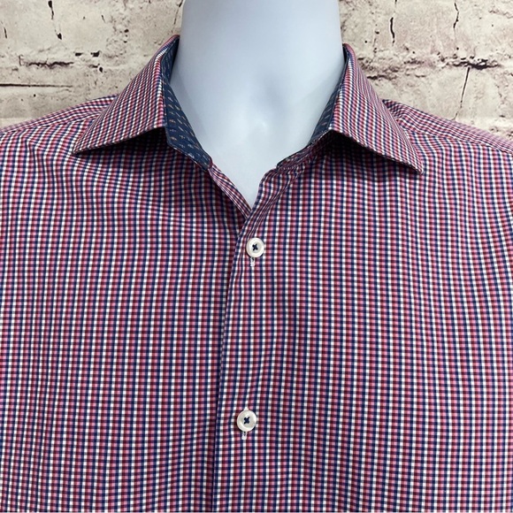 Bugatchi Uomo Pink Check Flip Contrast Cuff Shirt - Picture 2 of 13